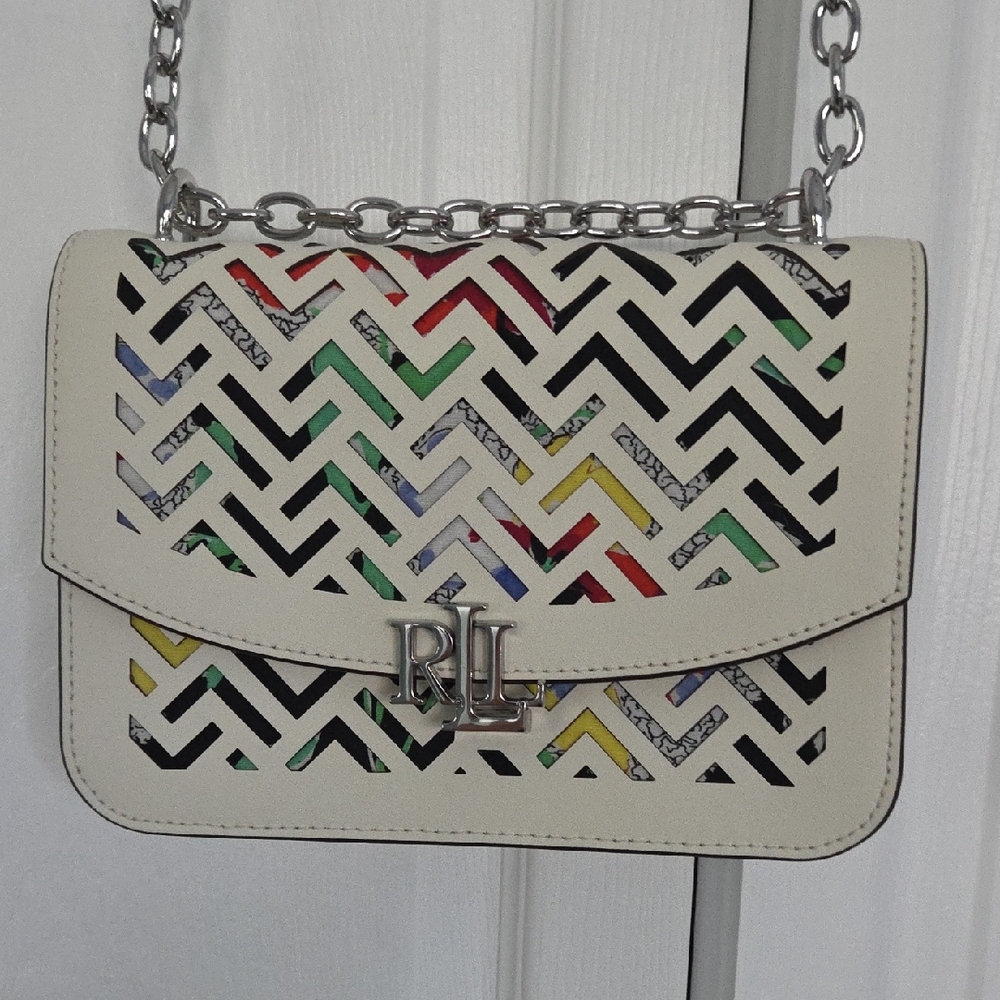 Lauren Ralph Lauren White Laser-Cut Crossbody with Multicolor Underlay